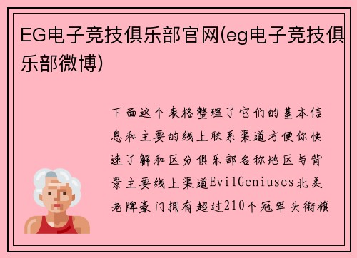 EG电子竞技俱乐部官网(eg电子竞技俱乐部微博)